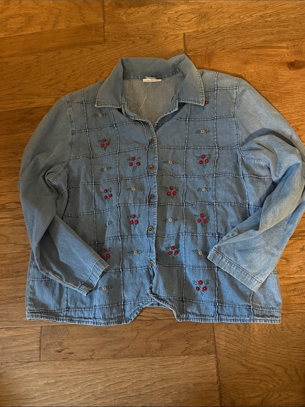 Alfred Dunner Light Blue Denim Jacket with Red Floral Embroidery